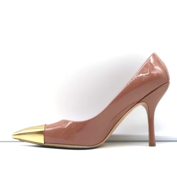 Louis Vuitton Allamanda Gold Cap Toe Pumps Rose Monogram Vernis Size 37.5 - Picture 7 of 12